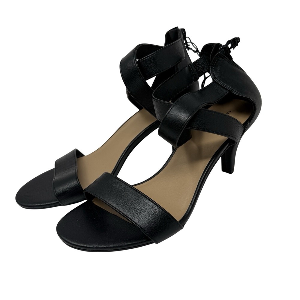 Morgan Taylor Paola Sandals Womens 9M‎ Black Ankle Strap Zip Back Kitten Heel